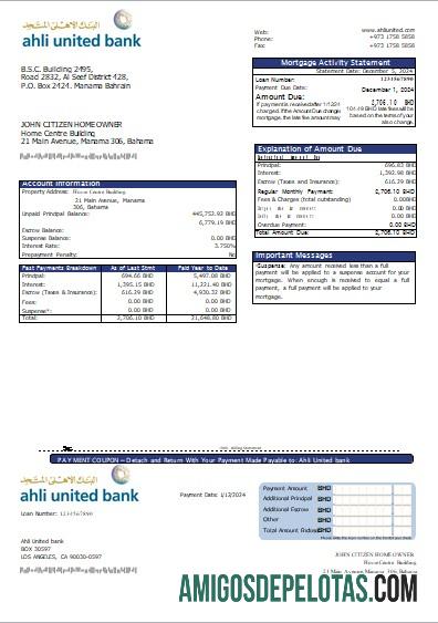 Declaração de hipoteca do Bahrain Ahli United Bank baixar para verificação